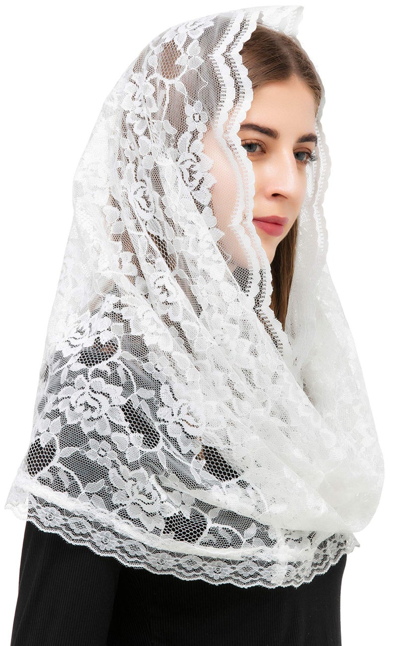 PAMOR Infinity Chapel Veil Floral Latin Mass Head Covering Lace Scarf Mantilla Veils for Church (White) - Image 3